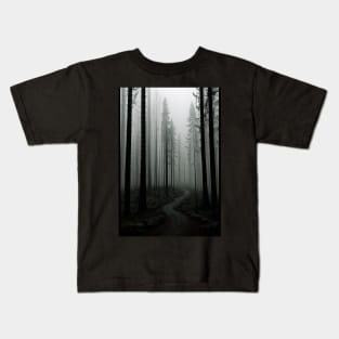 Pathway in a Misty Pine Forest Kids T-Shirt